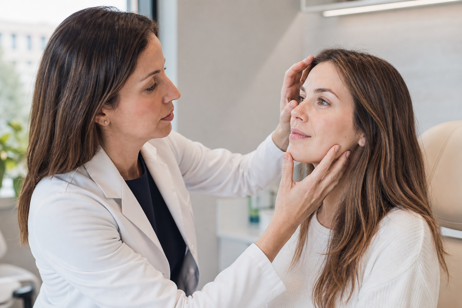 Dermatologista avaliando paciente com melasma no rosto
