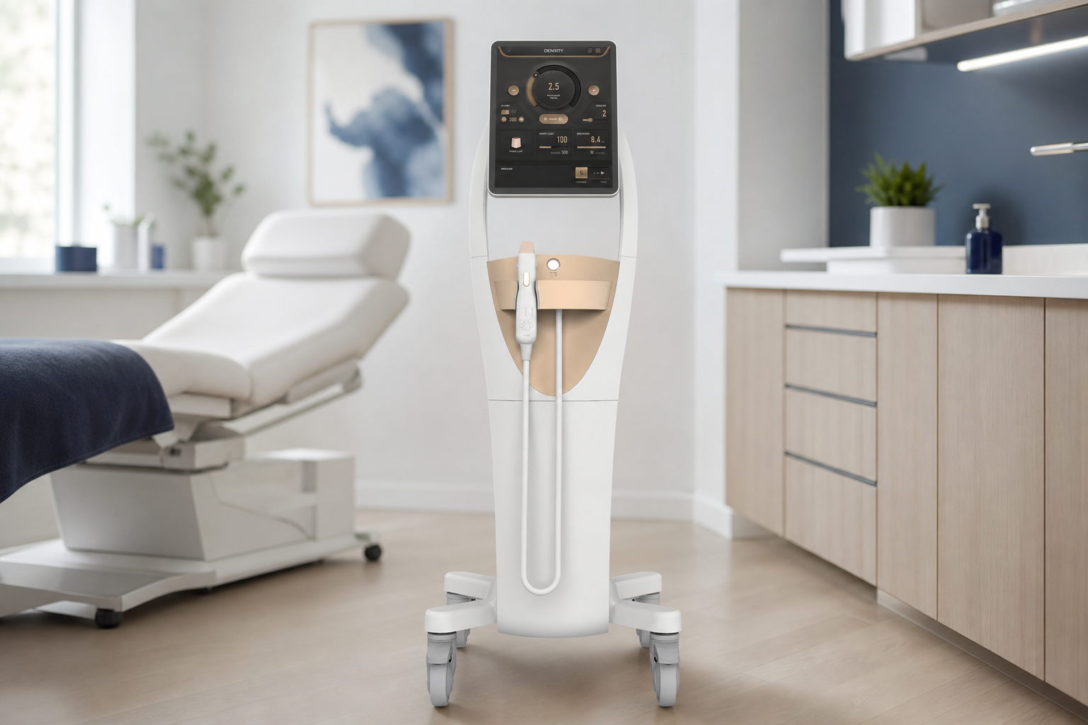 Equipamento Density dentro de um consultório médico com detalhes em azul escuro